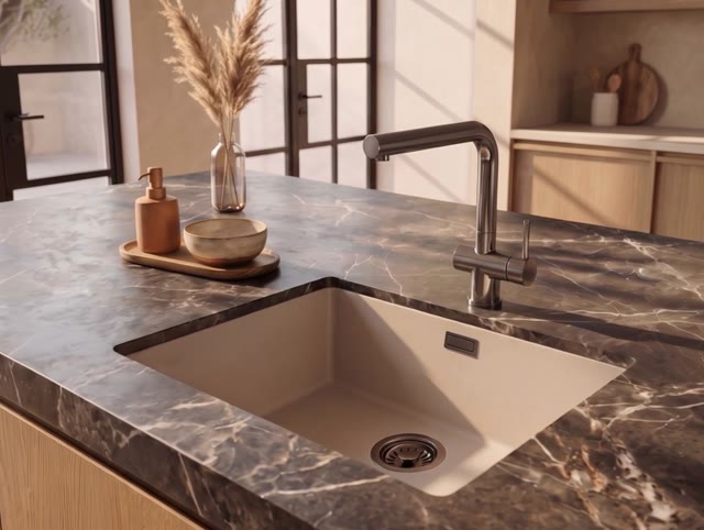 Pure.Sink Eternal Quartz Coffee cream Spoelbak 50x40 cm Onderbouw en Opbouw met Gun metal plug