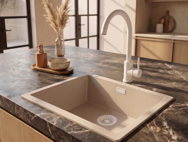 Pure.Sink Eternal Quartz Coffee cream Spoelbak 50x40 cm Onderbouw en Opbouw met Witte plug