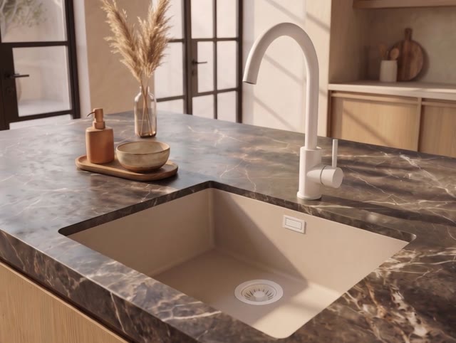 Pure.Sink Eternal Quartz Coffee cream Spoelbak 50x40 cm Onderbouw en Opbouw met Witte plug