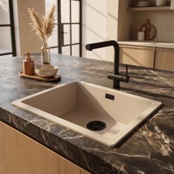 Pure.Sink Eternal Quartz Coffee cream мивка 50x40 см, за вграждане и за монтаж върху плот, с черна запушалка