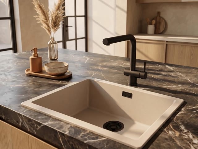Pure.Sink Eternal Quartz Coffee cream Spoelbak 50x40 cm Onderbouw en Opbouw met Zwarte plug