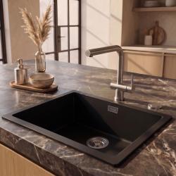 Pure.Sink Eternal Quartz Zwarte Spoelbak 50x40 cm Onderbouw en Opbouw met Automatische RVS plug