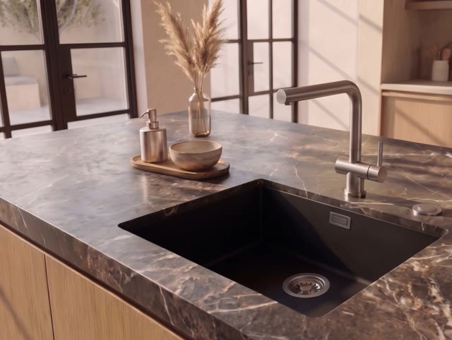 Pure.Sink Eternal Quartz Zwarte Spoelbak 50x40 cm Onderbouw en Opbouw met Automatische RVS plug