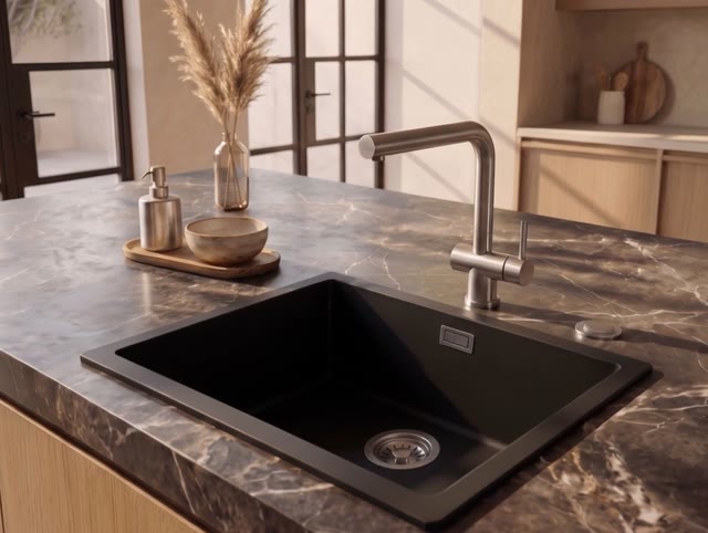 Pure.Sink Eternal Quartz Zwarte Spoelbak 50x40 cm Onderbouw en Opbouw met Automatische RVS plug