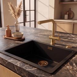Pure.Sink Eternal Quartz Zwarte Spoelbak 50x40 cm Onderbouw en Opbouw met Automatische Gouden plug