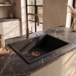 Pure.Sink Eternal Quartz Zwarte Spoelbak 50x40 cm Onderbouw en Opbouw met Automatische Koperen plug