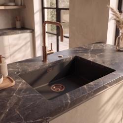 Pure.Sink Eternal Quartz Zwarte Spoelbak 50x40 cm Onderbouw en Opbouw met Automatische Koperen plug