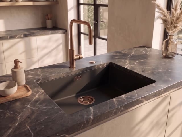 Pure.Sink Eternal Quartz Zwarte Spoelbak 50x40 cm Onderbouw en Opbouw met Automatische Koperen plug