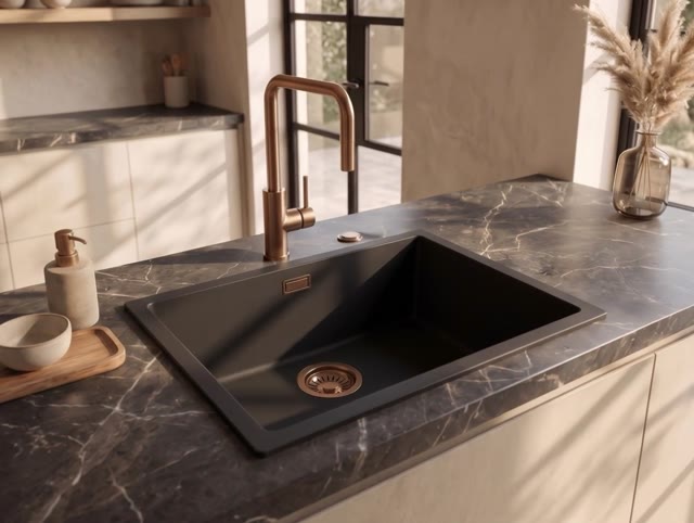Pure.Sink Eternal Quartz Zwarte Spoelbak 50x40 cm Onderbouw en Opbouw met Automatische Koperen plug