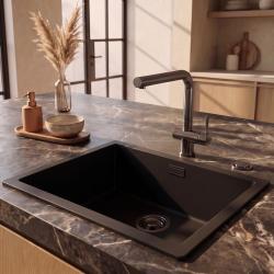 Pure.Sink Eternal Кварцова черна мивка 50x40 см за вграждане и за монтаж върху плот с автоматичен сив метални запушалка