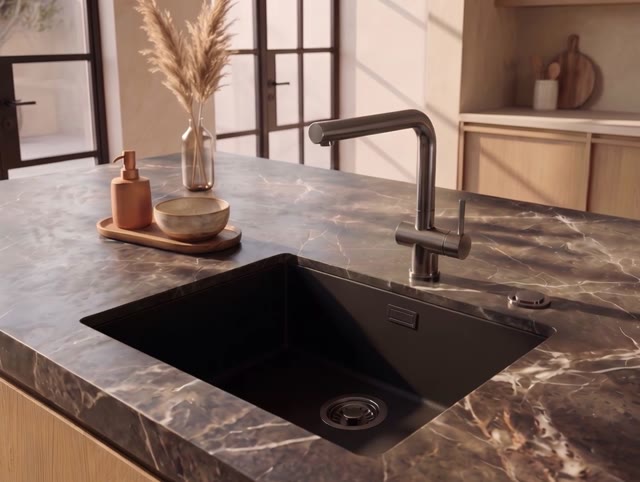 Pure.Sink Eternal Quartz Zwarte Spoelbak 50x40 cm Onderbouw en Opbouw met Automatische Gun metal plug