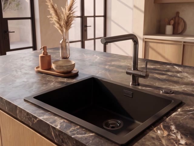 Pure.Sink Eternal Quartz Zwarte Spoelbak 50x40 cm Onderbouw en Opbouw met Automatische Gun metal plug