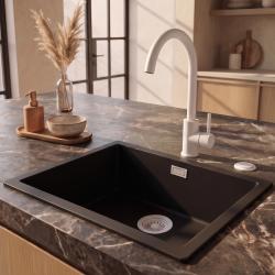Pure.Sink Eternal Кварцова черна мивка 50x40 см за вграждане и за монтаж върху плот с автоматична бяла запушалка