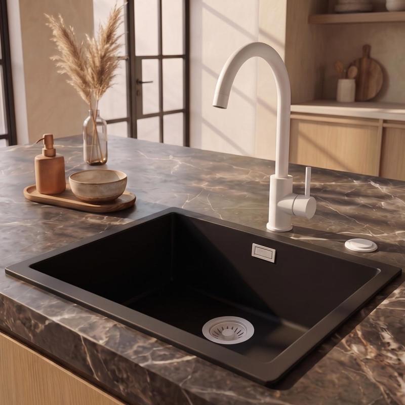 Pure.Sink Eternal Quartz Zwarte Spoelbak 50x40 cm Onderbouw en Opbouw met Automatische Witte plug