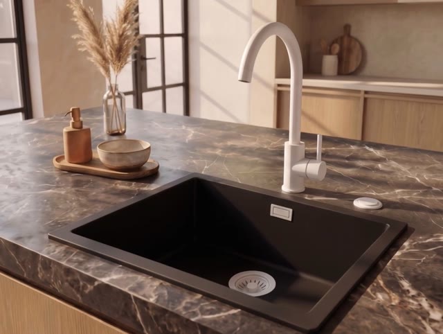 Pure.Sink Eternal Quartz Zwarte Spoelbak 50x40 cm Onderbouw en Opbouw met Automatische Witte plug