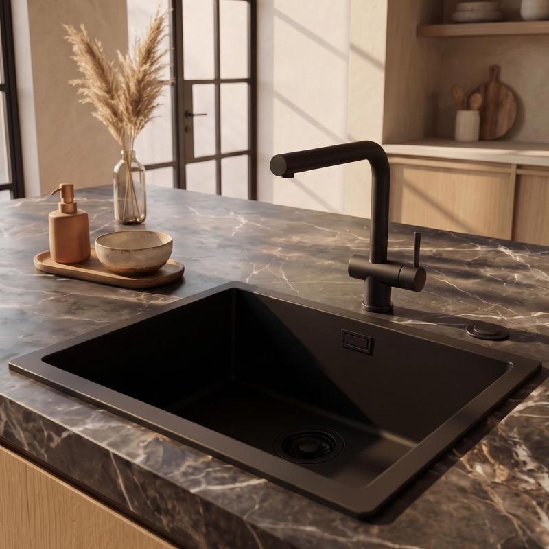 Pure.Sink Eternal Quartz Zwarte Spoelbak 50x40 cm Onderbouw en Opbouw met Automatische Zwarte plug