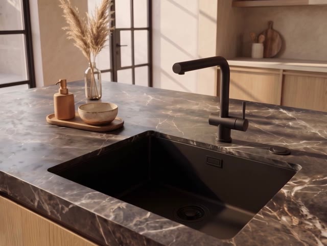 Pure.Sink Eternal Quartz Zwarte Spoelbak 50x40 cm Onderbouw en Opbouw met Automatische Zwarte plug