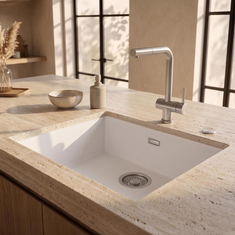 Pure.Sink Eternal Quartz Witte Spoelbak 50x40 cm Onderbouw en Opbouw met Automatische RVS plug