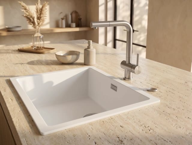 Pure.Sink Eternal Quartz Witte Spoelbak 50x40 cm Onderbouw en Opbouw met Automatische RVS plug