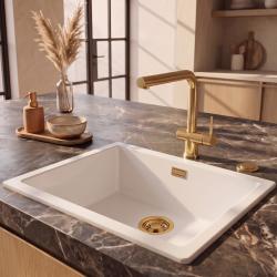 Pure.Sink Eternal Quartz Witte Spoelbak 50x40 cm Onderbouw en Opbouw met Automatische Gouden plug
