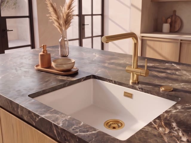 Pure.Sink Eternal Quartz Witte Spoelbak 50x40 cm Onderbouw en Opbouw met Automatische Gouden plug
