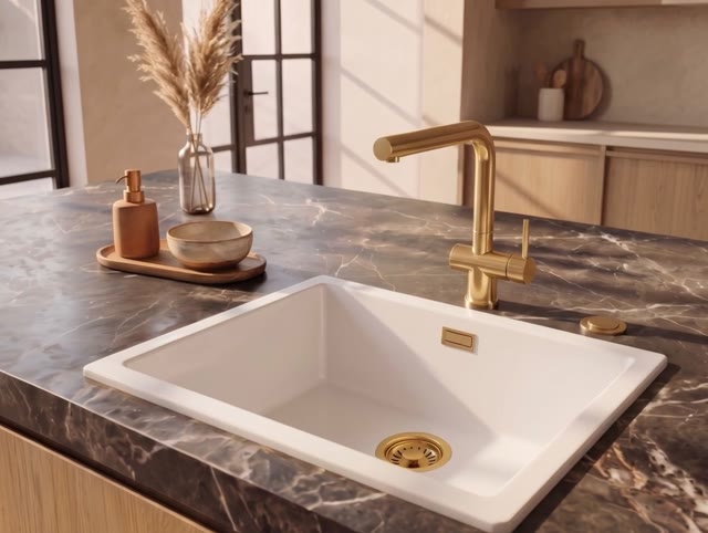 Pure.Sink Eternal Quartz Witte Spoelbak 50x40 cm Onderbouw en Opbouw met Automatische Gouden plug