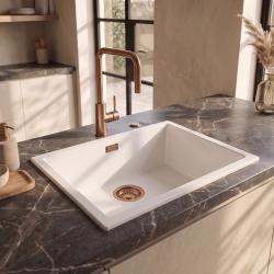 Pure.Sink Eternal Quartz Witte Spoelbak 50x40 cm Onderbouw en Opbouw met Automatische Koperen plug
