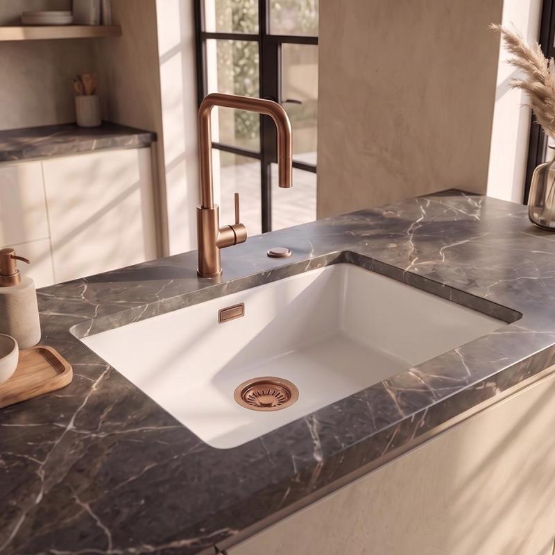 Pure.Sink Eternal Quartz Witte Spoelbak 50x40 cm Onderbouw en Opbouw met Automatische Koperen plug