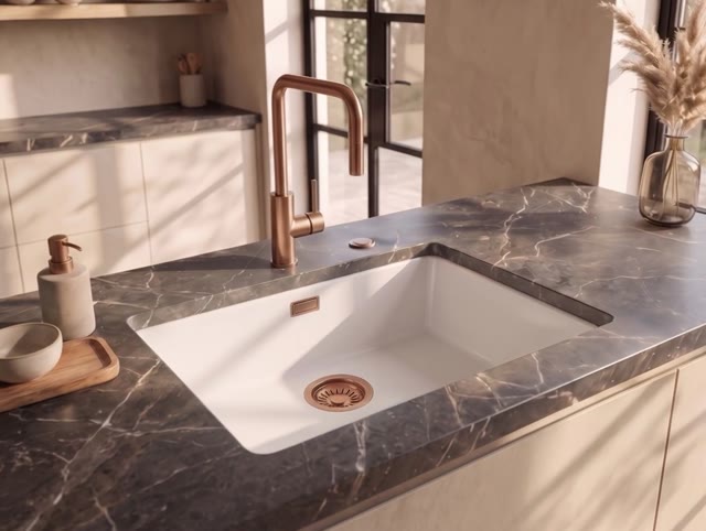 Pure.Sink Eternal Quartz Witte Spoelbak 50x40 cm Onderbouw en Opbouw met Automatische Koperen plug