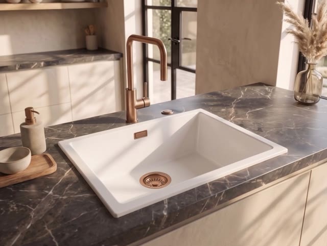 Pure.Sink Eternal Quartz Witte Spoelbak 50x40 cm Onderbouw en Opbouw met Automatische Koperen plug