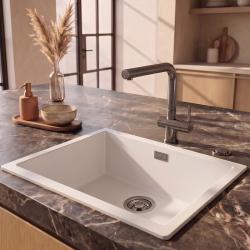 Pure.Sink Eternal Кварцова бяла мивка 50x40 см за вграждане и за монтаж върху плот с автоматичен сив метални запушалка