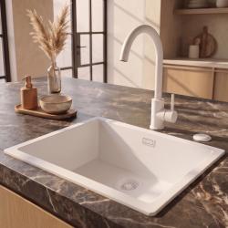 Pure.Sink Eternal Кварцова бяла мивка 50x40 см за вграждане и за монтаж върху плот с автоматичен бял сифон