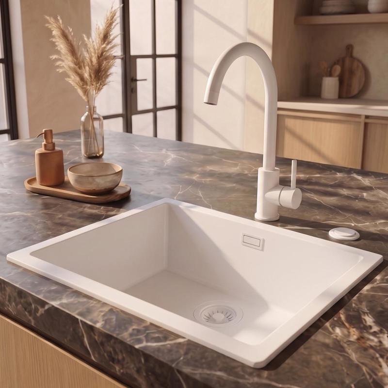 Pure.Sink Eternal Quartz Witte Spoelbak 50x40 cm Onderbouw en Opbouw met Automatische Witte plug