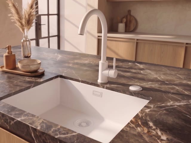 Pure.Sink Eternal Quartz Witte Spoelbak 50x40 cm Onderbouw en Opbouw met Automatische Witte plug