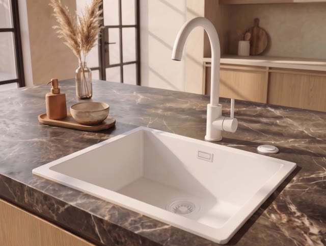 Pure.Sink Eternal Quartz Witte Spoelbak 50x40 cm Onderbouw en Opbouw met Automatische Witte plug