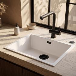 Pure.Sink Eternal Кварцова бяла мивка 50x40 см за вграждане и за монтаж върху плот с автоматичен черен сифон