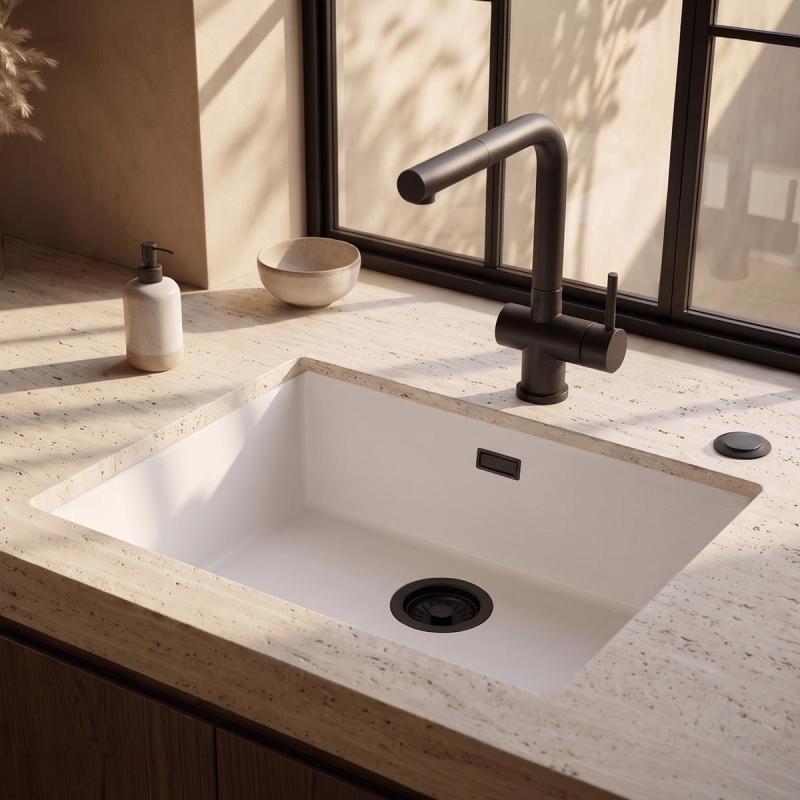 Pure.Sink Eternal Quartz Witte Spoelbak 50x40 cm Onderbouw en Opbouw met Automatische Zwarte plug