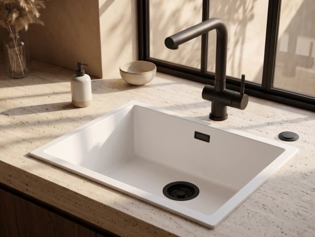 Pure.Sink Eternal Quartz Witte Spoelbak 50x40 cm Onderbouw en Opbouw met Automatische Zwarte plug
