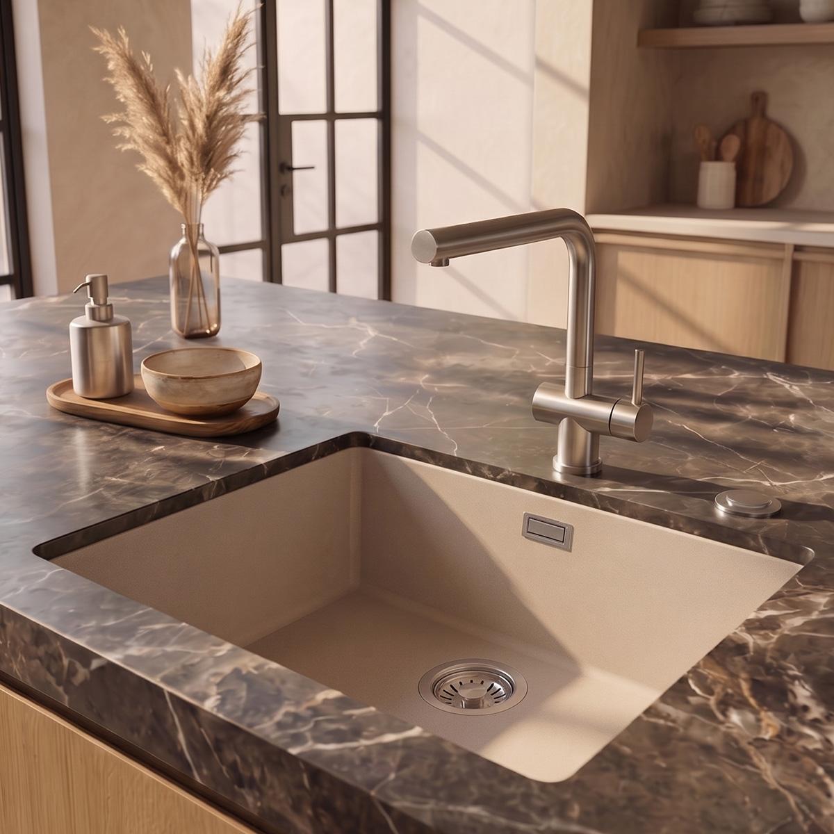 Pure.Sink Eternal Quartz Coffee cream Sink 50x40 cm Undermount and Topmount with Automatic Stainless Steel Waste