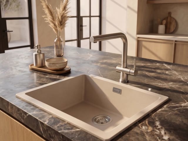 Pure.Sink Eternal Quartz Coffee cream Spoelbak 50x40 cm Onderbouw en Opbouw met Automatische RVS plug
