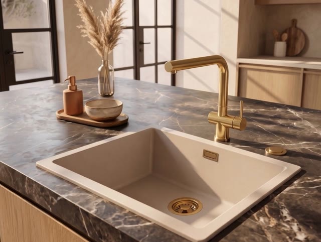 Pure.Sink Eternal Quartz Coffee cream Spoelbak 50x40 cm Onderbouw en Opbouw met Automatische Gouden plug