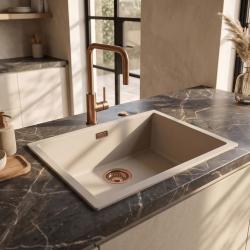 Pure.Sink Eternal Quartz Coffee cream Spoelbak 50x40 cm Onderbouw en Opbouw met Automatische Koperen plug
