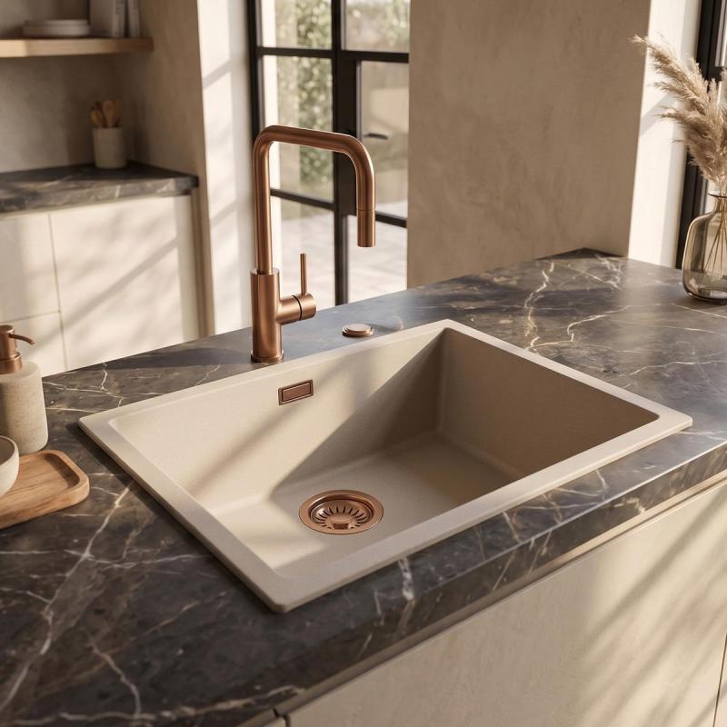 Pure.Sink Eternal Quartz Coffee cream Spoelbak 50x40 cm Onderbouw en Opbouw met Automatische Koperen plug