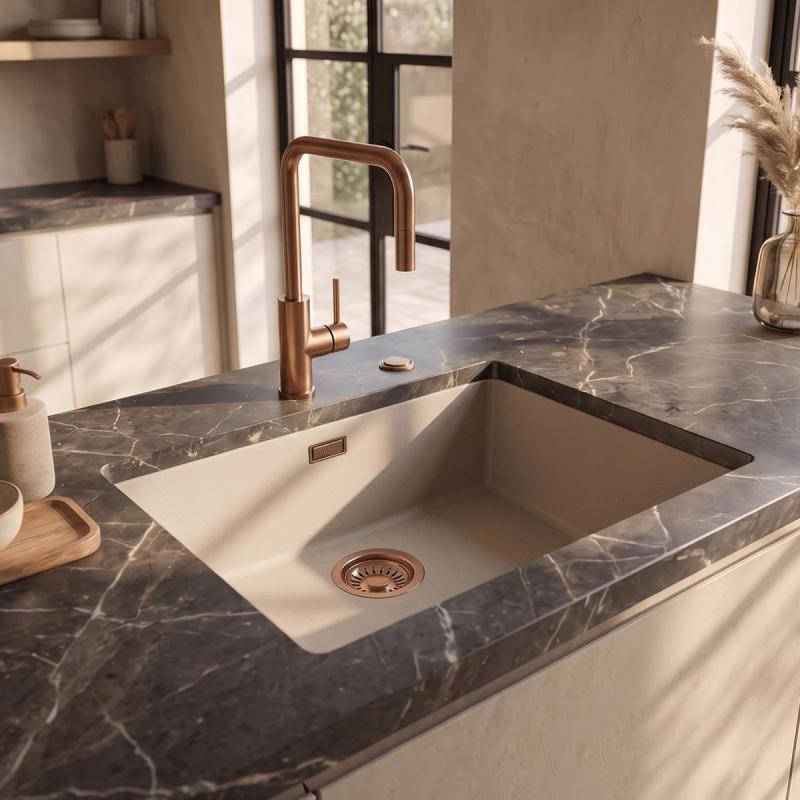 Pure.Sink Eternal Quartz Coffee cream Spoelbak 50x40 cm Onderbouw en Opbouw met Automatische Koperen plug