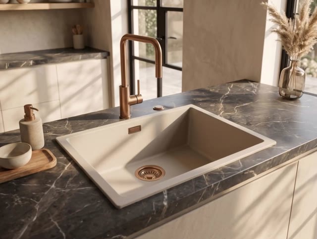 Pure.Sink Eternal Quartz Coffee cream Spoelbak 50x40 cm Onderbouw en Opbouw met Automatische Koperen plug
