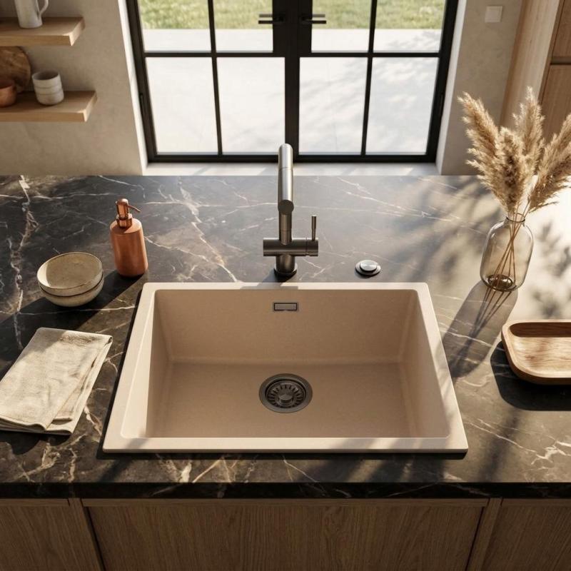 Pure.Sink Eternal Quartz Coffee cream Spoelbak 50x40 cm Onderbouw en Opbouw met Automatische Gun metal plug