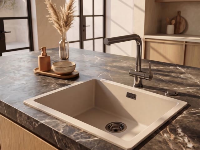 Pure.Sink Eternal Quartz Coffee cream Spoelbak 50x40 cm Onderbouw en Opbouw met Automatische Gun metal plug