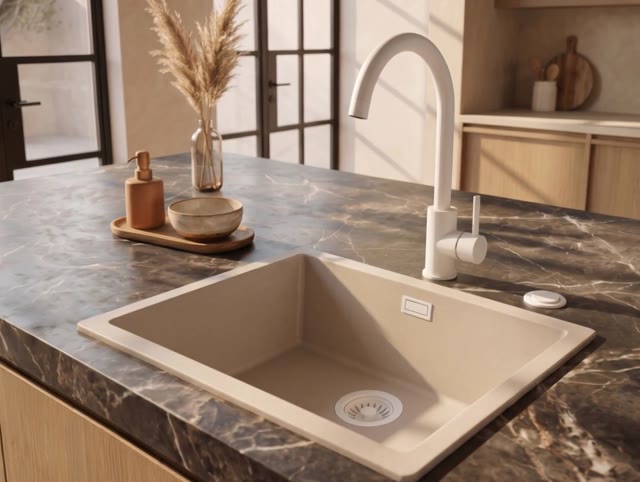 Pure.Sink Eternal Quartz Coffee cream Spoelbak 50x40 cm Onderbouw en Opbouw met Automatische Witte plug