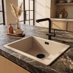 Pure.Sink Eternal Quartz Coffee cream мивка 50x40 см, за вграждане и за монтаж върху плот, с автоматична черна запушалка