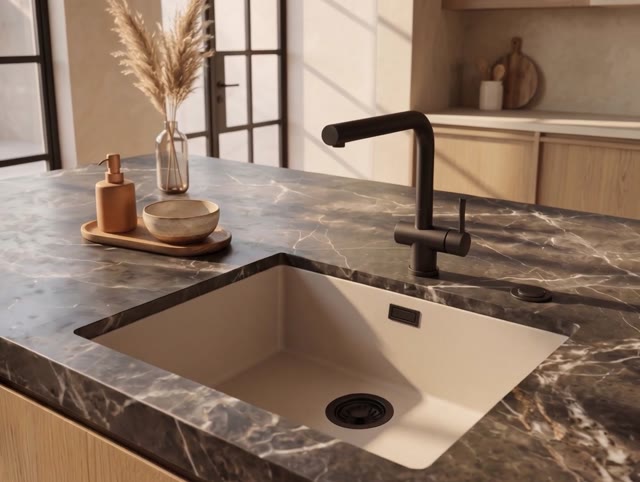 Pure.Sink Eternal Quartz Coffee cream Spoelbak 50x40 cm Onderbouw en Opbouw met Automatische Zwarte plug